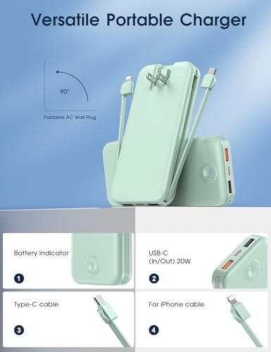 Nusyddy Portable Charger 10000mAh Fast Charging w/Built-in Wall Plug Green | PD20W Fast Charging, LED Indicator, Pass Through Charging, TSA Approved, Compact/Slim, Power Bank for iPhone/iPad/Samsung - color: Lime