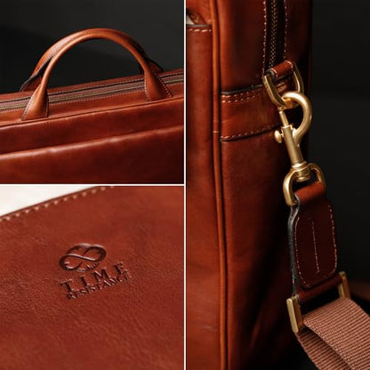 Time Resistance Leather Briefcase - Italian Handmade Leather Laptop Bag - Handbag for Men - Professional Computer Case - color: Cognac Brown