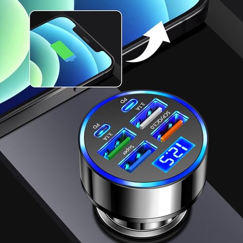 6 Port Fast USB Car Charger (PD+QC3.0),Cigarette Lighter USB Charger with LED Digital Display,Universal Car Charger Adapter Car Accessories Interior for Most 12V/24V Vehicles