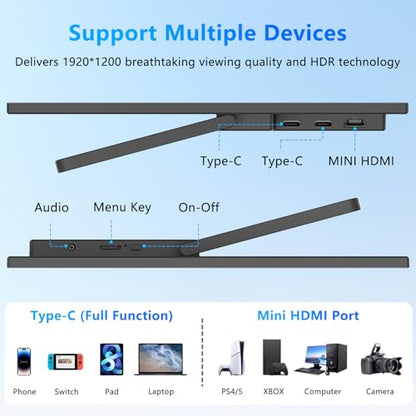 15.3 Inch Portable Monitor FHD 1200P 60Hz IPS,USB-C External Second Screen, Compatible with Laptop, PC, Mac & Phone, Travel Display for Office Work - size: 15.3inch