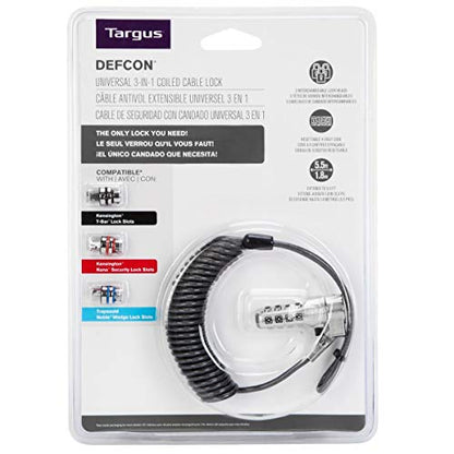 Targus DEFCON 3-in-1 Lock, Resettable Coiled Combination Retail Lock for Laptop Computer and Desktop Security Cable (ASP86CCLGL) - size: 3-in-1 Lock, style: Resettable Coiled