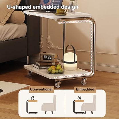 Overbed Table with 360 Wheels Panel Bedside Table, Modern Minimalist Sofa Side Table, U Shaped Built in Side Table, Double Shelf, for Bed, Sofa(White) - color: White