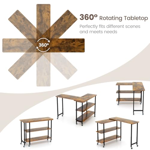 Giantex 360° Free Rotating Sofa Side Table, Mobile L-Shaped Laptop Desk with Sturdy Metal Frame, 6 Universal Casters, Movable Couch Snack Table with 2-Tier Storage Shelf for Home (Brown) - color: Brown