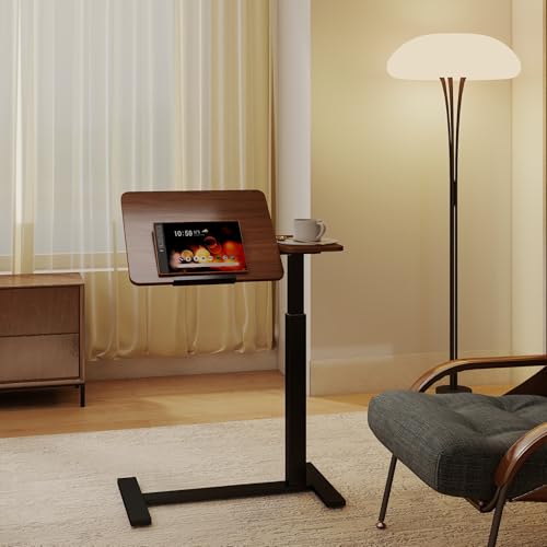 Haotian Overbed Table with Wheels, Adjustable Height Bedside Table with Tilting Desktop, Rolling Laptop Table with Side Shelf, Walnut and Black Mobile Desk for Bed, Sofa, Home Office - color: Walnut Brown and Black