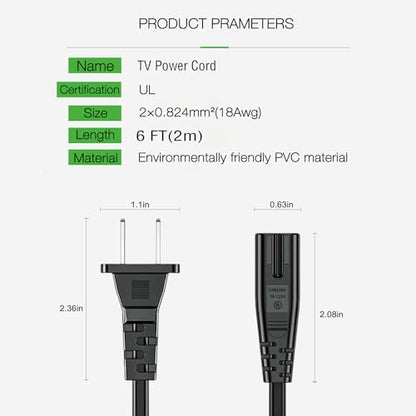 2 Prong Power Cord for HP Deskjet 3755 3752 2600 2622 112 2130 2655 2652 3520 2622 3722 3630 3632 3634 3830, HP OfficeJet Pro 8600 4650 6978 6968 6830 4632 3830 2 Prong Replacement AC Power Cord (6FT) - size: 6Feet