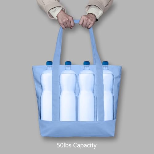 TOPDesign 1-Pack Canvas Tote Bag with an External Pocket, Reusable Grocery Shopping Bag, Top Zipper Closure, Daily Essentials (Light Blue) - color: Light Blue