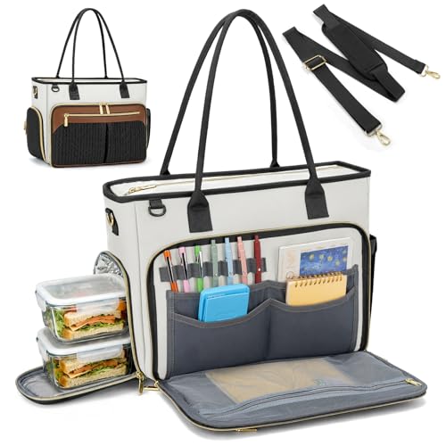 RAINSMORE Teacher Tote Bag for Women 15.6 Inch Laptop Bag for Women with Insulated Lunch Compartment for Office College - color: Black-white-brown