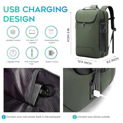 BANGE Travel Laptop Backpack, Anti-Theft Bag with USB Charging Port and TSA Lock, Waterproof Business Computer Backpack Fits 17.3 Inch Notebook - color: Green, size: lock and usb