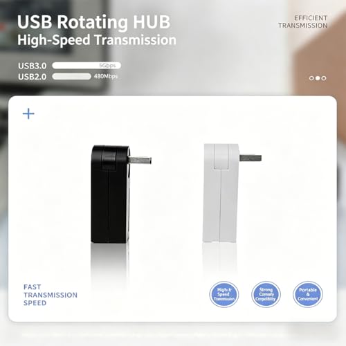 270° Rotatable USB Hub, 4-Port Compact Portable USB Splitter, USB 3.0 & 2.0 Dock for Laptop, PC, Notebook, Black/White