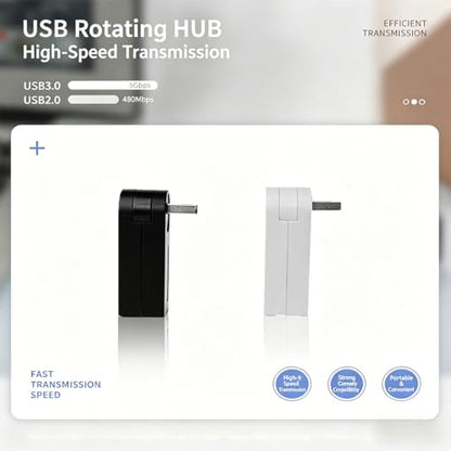 270° Rotatable USB Hub, 4-Port Compact Portable USB Splitter, USB 3.0 & 2.0 Dock for Laptop, PC, Notebook, Black/White