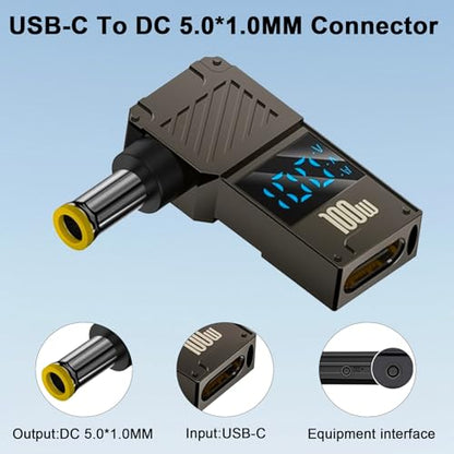 Poyiccot 5.0x1.0mm DC Male Connector Jack, USB C Female to DC 5.0x1.0mm Adapter, 90 Degree 100W Output 20V 5A Power Adapter with LED Digital Display Charging Connector for Laptop, 1Pack - color: 5.0X1.0mm