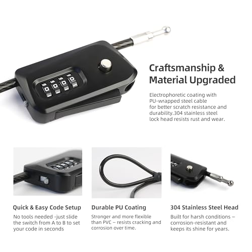 6ft Python Cable Lock for Bike, Bicycle, Scooter, Trail Camera Locking, 4 Digit Combination Padlock, Heavy Duty Anti Theft, Weatherproof, Adjustable Steel Cable Lock for Trail Cam, Kayak - color: Black