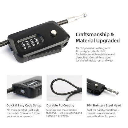 6ft Python Cable Lock for Bike, Bicycle, Scooter, Trail Camera Locking, 4 Digit Combination Padlock, Heavy Duty Anti Theft, Weatherproof, Adjustable Steel Cable Lock for Trail Cam, Kayak - color: Black