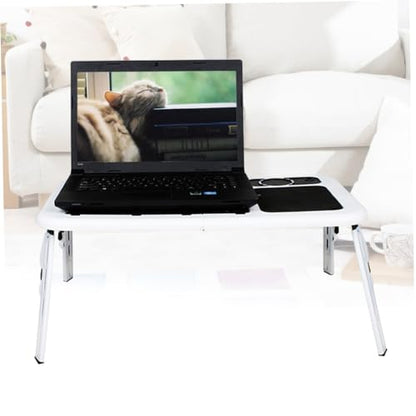 OSALADI Foldable Laptop Table with Dual Fans and Adjustable Height Ergonomic Tray for Bed Couch Desk Black White Design with Mouse Platform and Non-Slip Legs