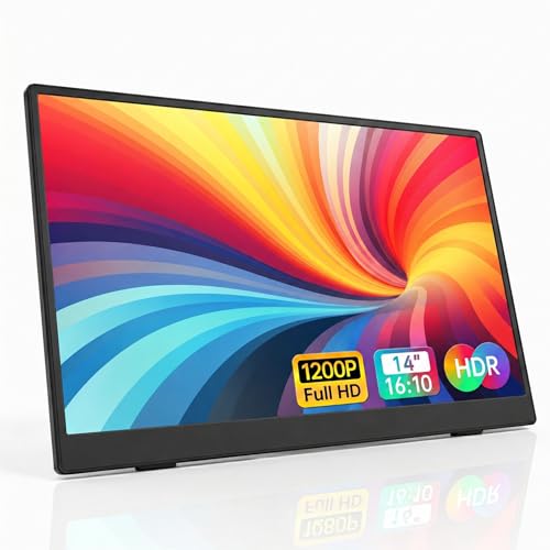 Portable Monitor 14 Inch 1920x1200 16:10 IPS Laptop Screen Extender, HDR FreeSync USB-C HDMI Travel Monitor with Built-in Stand & Dual Speakers for Mac Laptop PC - size: 14inch 1200p