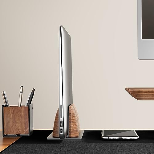 UPERGO Vertical Laptop Stand for Desk, Laptop Holder to Dock MacBook, MacBook Pro and Other Laptops, Black Walnut Wood | Solid Black Walnut Wood & Aluminum, Adjustable 0.79"–1.42", Scratch-Resistant Pads, Anti-Slip Base, Natural Wood Grain