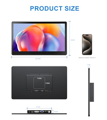15.6" Portable Touchscreen Monitor, FHD 1920×1080 IPS Ra Pi Touch Screen Monitor for Laptop HDMI VGA DVI 10-Point Touchable Display VESA 75x75 Mountable for Laptops PC Pi POS Kiosk Home Industrial