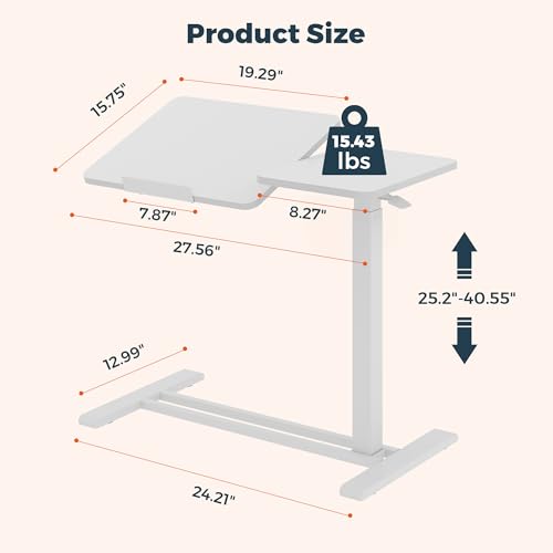 28''Pneumatic Overbed Tilting Bedside Table,Small Desk with Wheels | 27.6"x15.7" White Single-Side Flip Tabletop,Hospital Medical Bedside Table,Overbed Table with Wheels,Small Standing Desk - color: White, size: Small