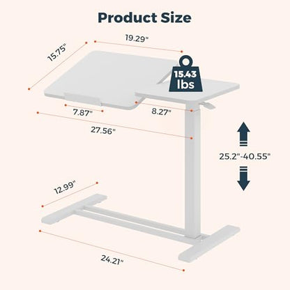 28''Pneumatic Overbed Tilting Bedside Table,Small Desk with Wheels | 27.6"x15.7" White Single-Side Flip Tabletop,Hospital Medical Bedside Table,Overbed Table with Wheels,Small Standing Desk - color: White, size: Small