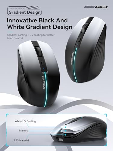 RAPIQUE Bluetooth Wireless Mouse, Dual Bluetooth 5.1 & 2.4G, White to Black | 3-Device Switching, USB-C Rechargeable, Quiet Clicks, 800/1200/1600 DPI, Ergonomic 6-Button for Laptop/MacBook/PC - color: White to Black Gradient