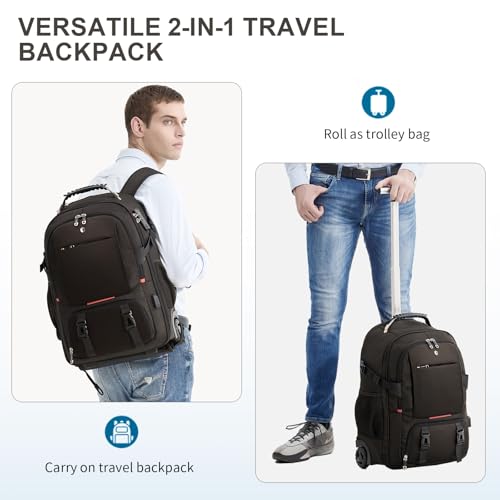 Backpack with wheels,rolling backpack with 2 Packing Cubes and compression bags,Laptop Compartment,Water Resistant Luggage suitcase,Air Travel,Weekend Trips (Brown) - color: Brown