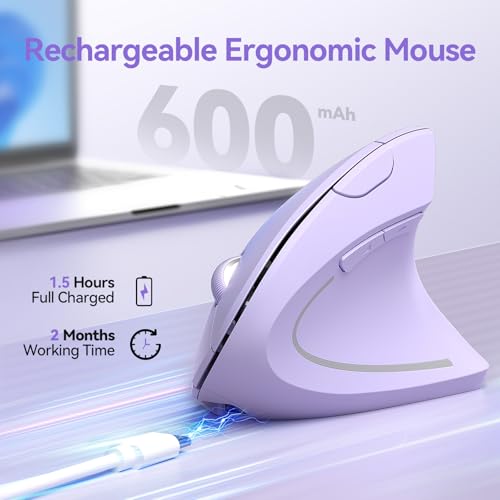 TECKNET Wireless Ergonomic Mouse, Rechargeable Wireless Vertical Mouse | Rechargeable Mouse Purple, 2.4GHz USB Receiver, Silent Click, 6 Adjustable DPI up to 4800, 6 Buttons for Laptop, PC & MacBook - color: Purple