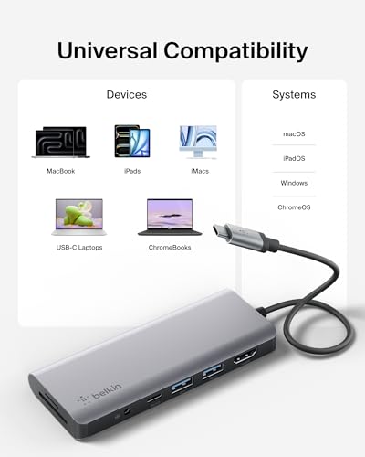 Belkin USB-C Hub, 7-in-1 MultiPort Docking Station for MacBook & Windows - 85W USB-C Power Delivery 3.0, 4K HDMI 1.4, 2x USB-A 3.0, SD 3.0, Micro SD 3.0, & 3.5mm Audio Jack - style: 7-in-1 USB-C Hub
