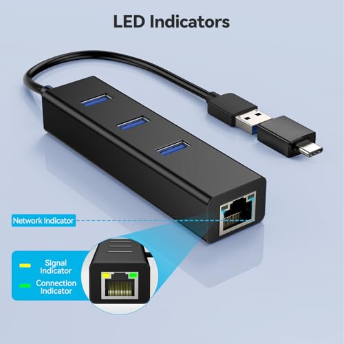 USB-C to Ethernet Adapter, 3-Port USB 3.0 Hub with Gigabit Ethernet, Aluminum USB to RJ45 LAN Network Converter 10/100/1000 Mbps for MacBook, Laptop