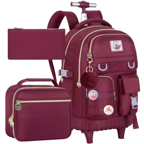 WZLVO Rolling Backpack for Girls Women, 21 inch Roller Wheels Backpacks for School, Water Resistant Wheeled Bookbag with Lunch Box - Red - color: Red