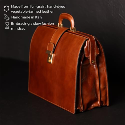 Time Resistance Leather Lawyer Briefcase - Italian Handmade Laptop Briefcase for Men and Women - Attache Case - Doctor Bag - color: Cognac