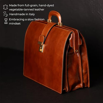 Time Resistance Leather Lawyer Briefcase - Italian Handmade Laptop Briefcase for Men and Women - Attache Case - Doctor Bag - color: Cognac