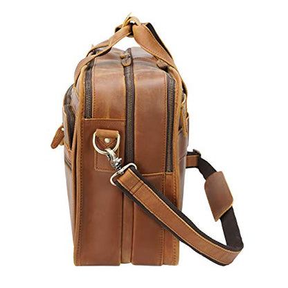 Men's Full Grain Leather Briefcase Large 17 Inch Business Travel Laptop Messenger Bag Tote with YKK Metal Zippers - color: Light Brown