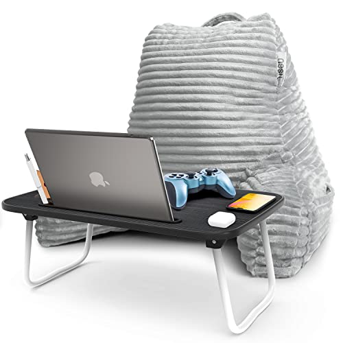 Nestl Light Grey Reading Pillow with Bed Desk for Laptop and Writing, Luxe Cut Plush Back Pillow for Sitting Up, Back and Arms Adjustable Support for Adult and Teens, Foldable Lap Desk for Bed 22x14” - color: 08- Light Grey, size: Standard 18"