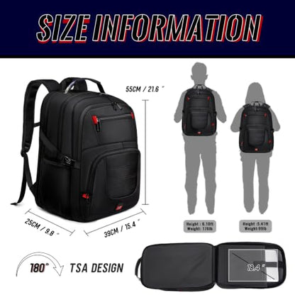 55L Gaming Laptop Backpack, Fits 18.4-19" Laptop, Black | 180° TSA-Friendly Carry On Design with Padded Laptop Compartment, Water-Resistant, Adjustable Strap, Handle for Men Women - color: Black, size: 18.4 Inch（21.6"x15.4"x9.8"）