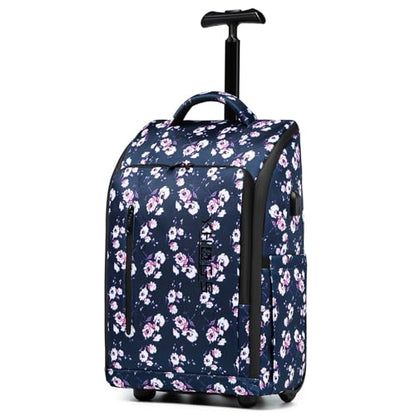 Rolling Backpack Waterproof Commuter Backpack with Wheels for Business, Laptop Compartment for 15.6-Inch Laptop, Wheeled Carry-On Bag for Adults - color: Blue flower