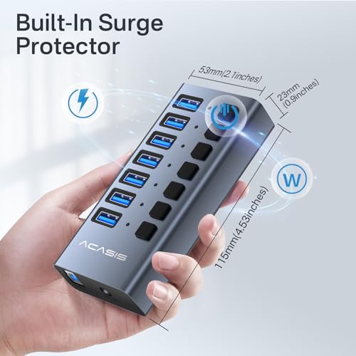 ACASIS Powered 7 Ports USB 3.2 Hub, 10Gbps Data Transfer, 24W Adapter | Individual On/Off Switch for Each Port • Aluminum Housing • Better Heat Dissipation • Plug & Play - size: 7 ports
