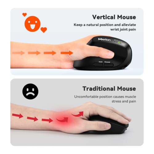 MEETION Left-Handed Ergonomic Vertical Mouse, Wireless, Rechargeable, Black | Dual-mode connectivity via Bluetooth 5.2, Bluetooth 3.0 and USB. 4 adjustable DPI (800–2400) for Windows, Mac, PC and iPad - color: Left Black