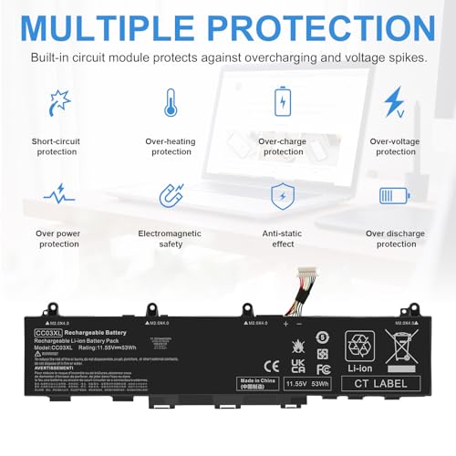 CC03XL HSTNN-DB9Q Laptop Battery Replacement for HP Probook 635 ZBook Firefly 14 G7 G8 Aero Series EliteBook 830 835 840 845 G7 G8, L77608-2C1 L77608-421 L78555-005 CC03053XL-PL 11.55V-53Wh - size: 10.47*2.09*0.28inch