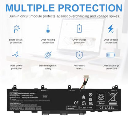 CC03XL HSTNN-DB9Q Laptop Battery Replacement for HP Probook 635 ZBook Firefly 14 G7 G8 Aero Series EliteBook 830 835 840 845 G7 G8, L77608-2C1 L77608-421 L78555-005 CC03053XL-PL 11.55V-53Wh - size: 10.47*2.09*0.28inch