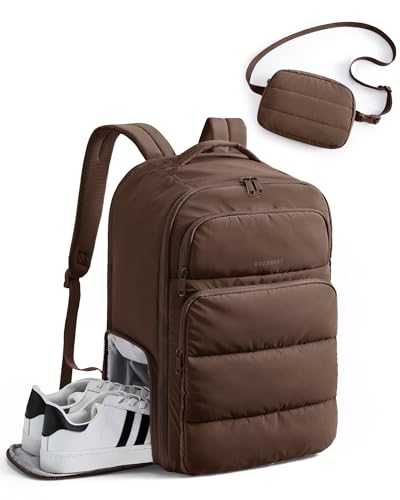 BAGSMART 35L Travel Backpack for Women, 17.3" Carry-On Personal Item | Flight Approved, 180° Opening, Wet/Dry Pocket, Free Crossbody Bag, Shoe Compartment, Luggage Sleeve, Water Resistant - color: Coffee