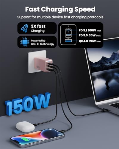 150W USB C Charger Block,GaN III Compact Foldable Wall Charger 3 Port Fast Charging Station,PD QC PPS Portable USB C Hub 100W Laptop Adapter for MacBook Pro/Air,iPad,iPhone 17/Pro,Galaxy S24,Dell etc - color: Pink