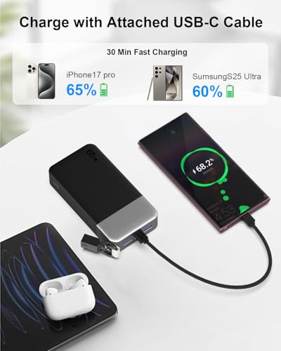 NOBIS Power Bank 20000mAh 65W Laptop Portable Charger | Battery Pack with attached USBC Cable 2 USB-C & 2 USB-A Ports, for Laptop,Pad,tablet,Phone 17/16/15/14,S26 - color: Black