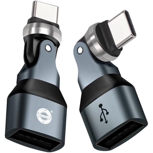 USB A to USB C Adapter, 540° Rotation Swivel Right Angle 90 Degree Connector, 240W PD Fast Charging, E-Marker Chip, Port Protection for Phone iPad Data Transfer, Non-Magnetic, 2Pack - color: Black, size: 540-2P