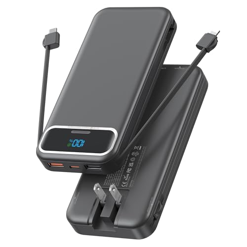 Nusyddy Portable Charger 12000mAh Fast Charging w/Built-in Wall Plug Black | 22.5W Fast Charging, LED Display, Pass Through Charging, TSA Approved, Portable & Slim, Power Bank for iPhone, Samsung - color: Ebony