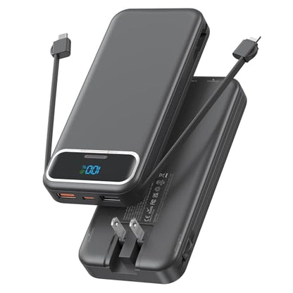 Nusyddy Portable Charger 12000mAh Fast Charging w/Built-in Wall Plug Black | 22.5W Fast Charging, LED Display, Pass Through Charging, TSA Approved, Portable & Slim, Power Bank for iPhone, Samsung - color: Ebony