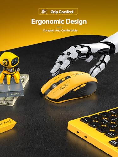 RAPIQUE Bluetooth Wireless Mouse - (BT1/BT2+USB Receiver) Tri-Device Compatibility for PC, Laptop, Computer, MacBook, Tablet (Black and Yellow) | 3-Device Switching, USB-C Rechargeable, Quiet Clicks, 800/1200/1600 DPI, 6 Buttons, Ergonomic Grip, For Lapto