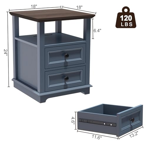 End Table with Fast USB C Charging Station & 2 Drawers | 18" Wide Tall Sofa Side Table, Large Storage Rustic Wood Square Storage Cabinet for Living Room, Bedroom, Office - color: Dark Blue, size: 1 Piece