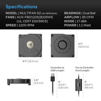 AC Infinity MULTIFAN S2, Quiet 120mm USB Blower Fan with Speed Control, UL-Certified for Receiver DVR Xbox Modem AV Cabinet Cooling - size: S2