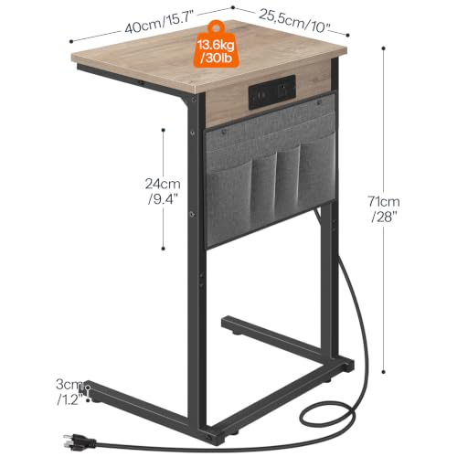 HOOBRO C Shaped End Table with Charging Station, 28" H Couch Side Table Slide Under, Sofa Arm Tray Table with Storage Bag for Living Room, Recliner, Greige BG70USF01 - color: Greige