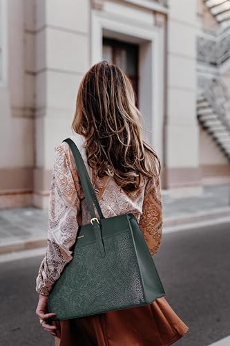 Missnine Laptop Tote Bag for Women 15.6 Inch Leather Work Bags Teacher Computer Purse Briefcase Handbag for Office, Travel - color: Embossed Green